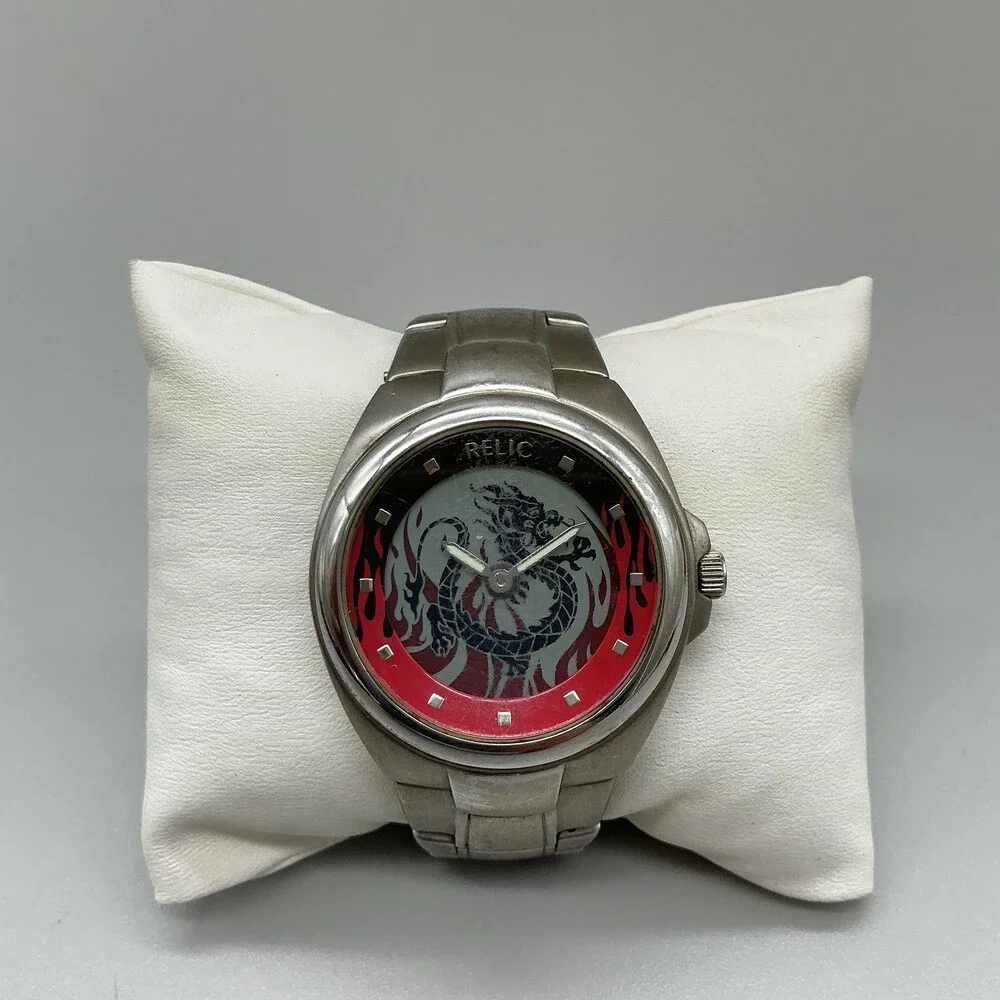 Relic Big Tic Mens Watch 39mm Dragon Flame Animated Stainless New Battery 6